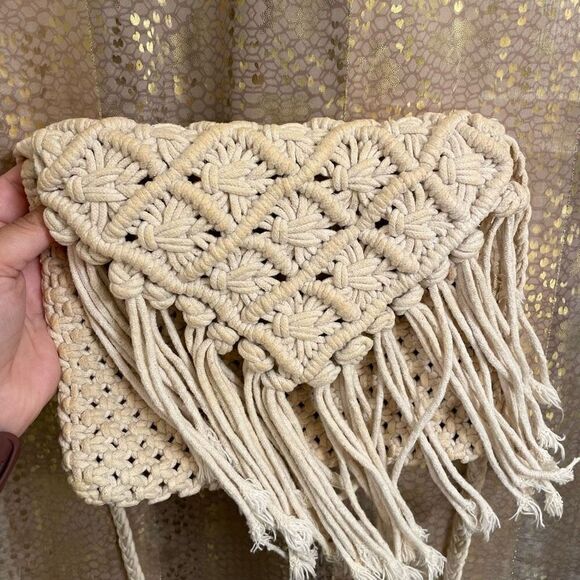 World Market Ivory Macramé Tassel Fringe Boho Crossbody Purse - Picture 2 of 6